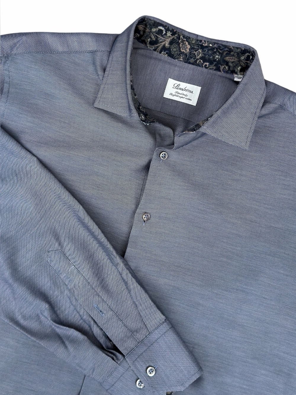 Stenstroms Men's XL 17.5 44 Fitted Body Dress Shirt Blue Paisley Twofold Cotton